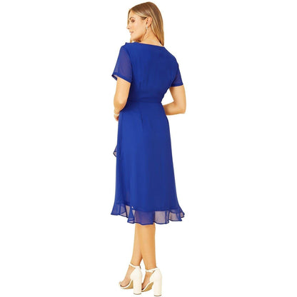 Blue - Back - Yumi Womens-Ladies Frill V Neck Wrap Dress