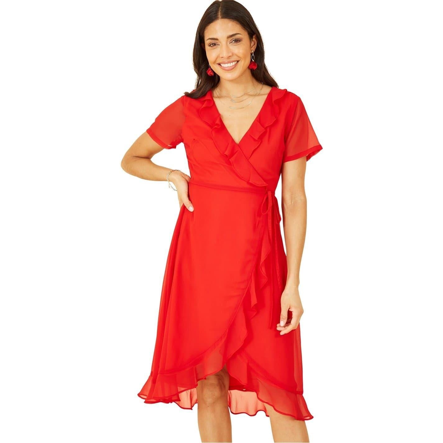 Red - Side - Yumi Womens-Ladies Frill V Neck Wrap Dress