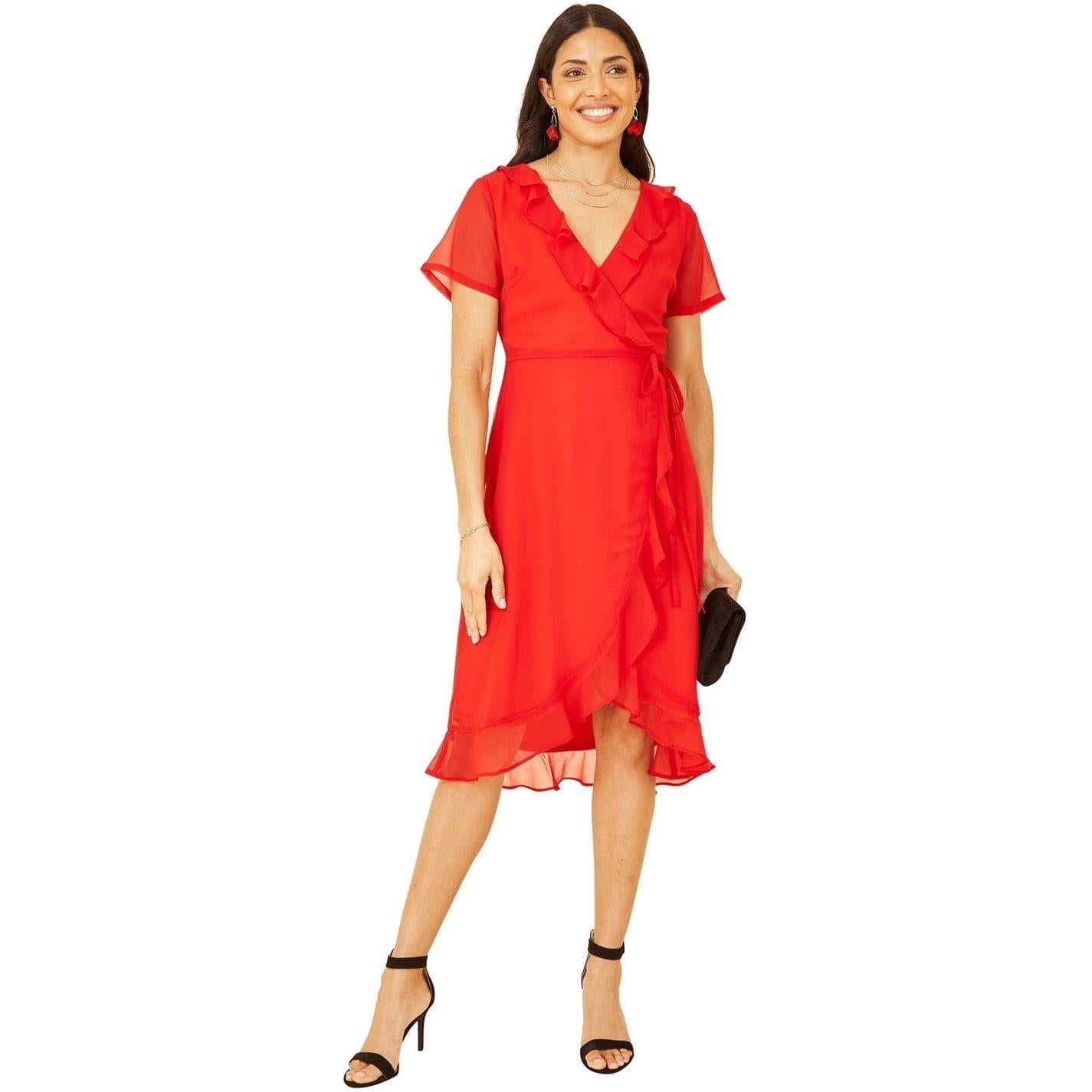 Red - Lifestyle - Yumi Womens-Ladies Frill V Neck Wrap Dress