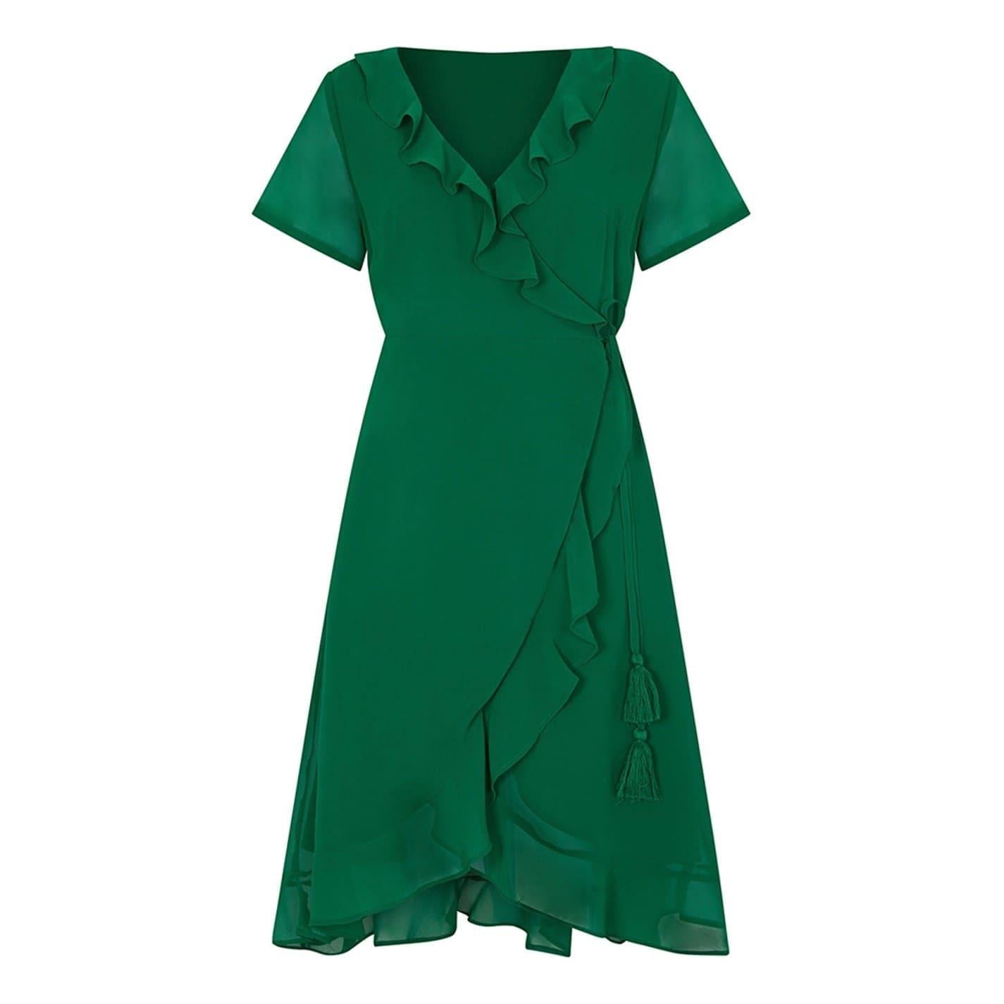 Green - Front - Yumi Womens-Ladies Frill V Neck Wrap Dress
