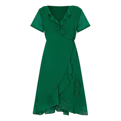Green - Front - Yumi Womens-Ladies Frill V Neck Wrap Dress