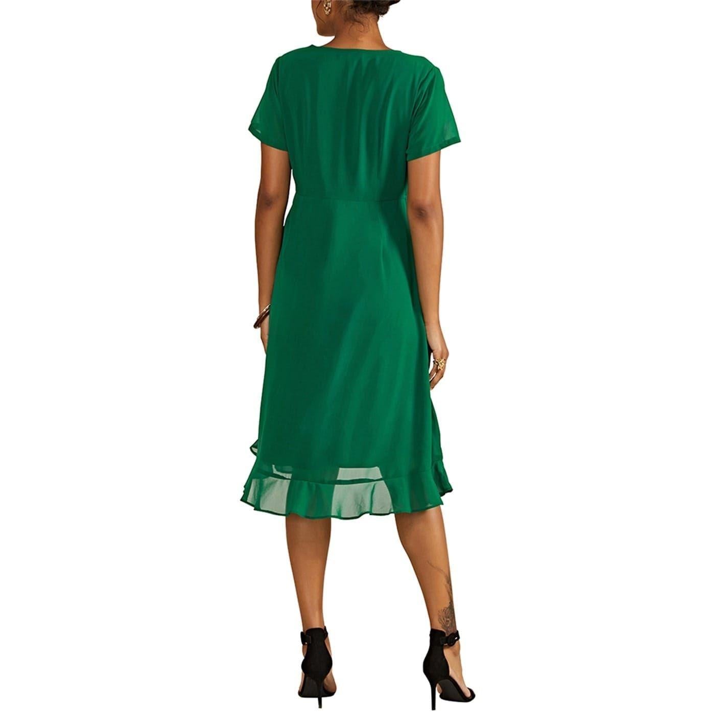 Green - Back - Yumi Womens-Ladies Frill V Neck Wrap Dress