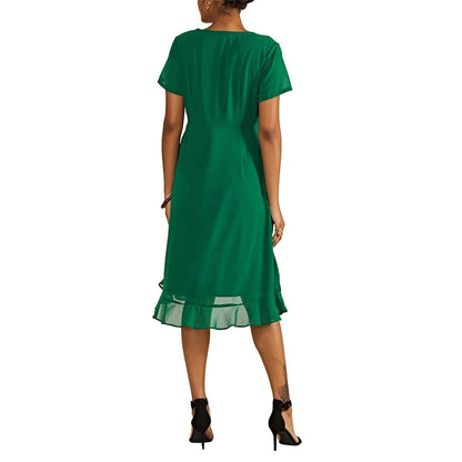 Green - Back - Yumi Womens-Ladies Frill V Neck Wrap Dress