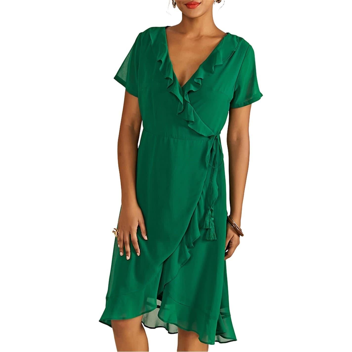Green - Side - Yumi Womens-Ladies Frill V Neck Wrap Dress