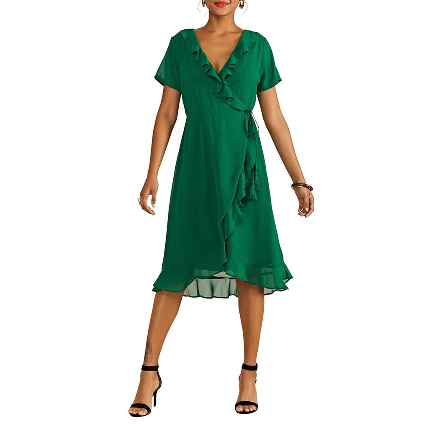 Green - Lifestyle - Yumi Womens-Ladies Frill V Neck Wrap Dress