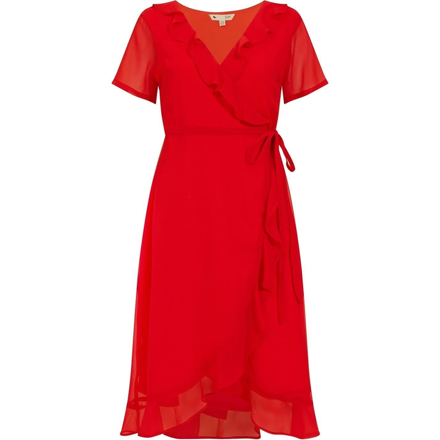 Red - Front - Yumi Womens-Ladies Frill V Neck Wrap Dress