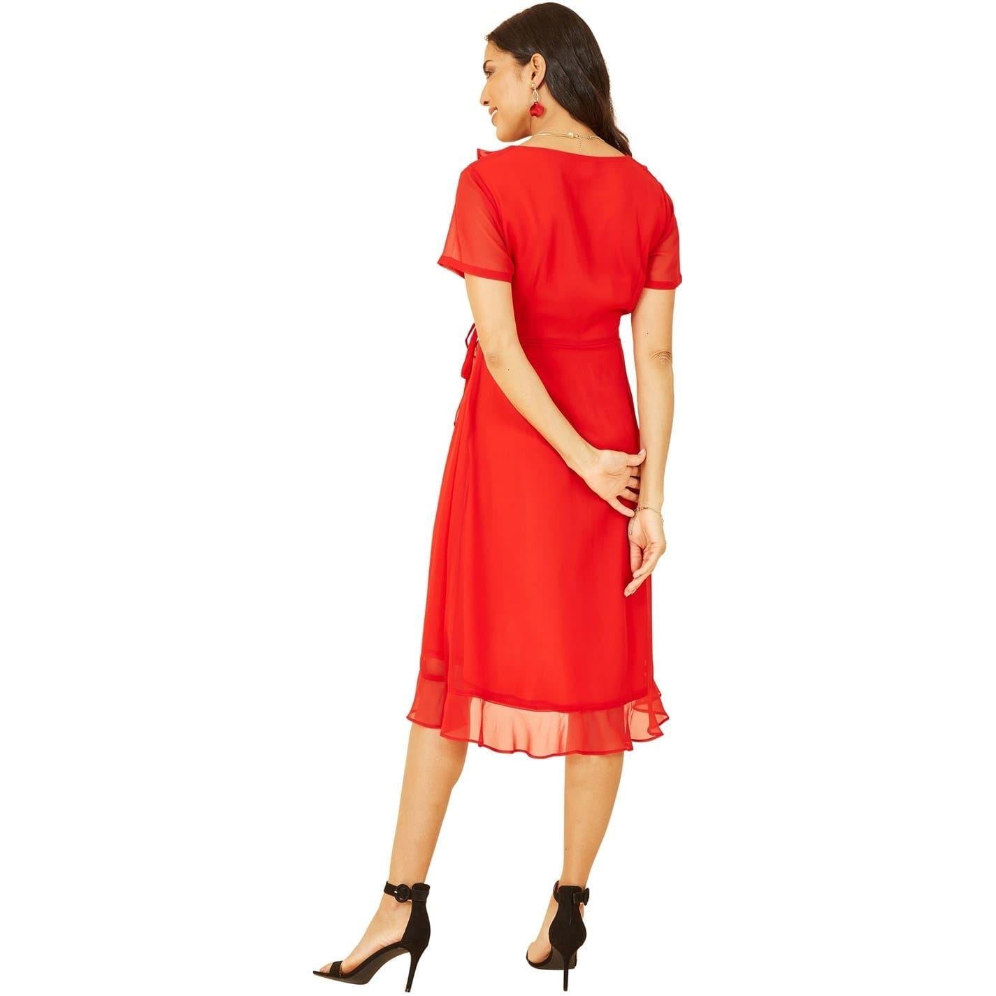 Red - Back - Yumi Womens-Ladies Frill V Neck Wrap Dress