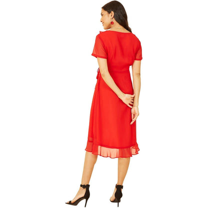 Red - Back - Yumi Womens-Ladies Frill V Neck Wrap Dress