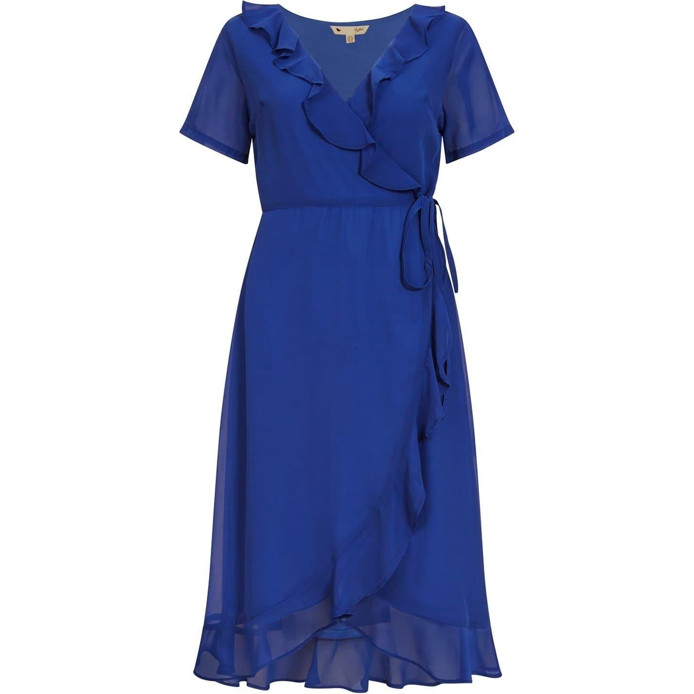 Blue - Front - Yumi Womens-Ladies Frill V Neck Wrap Dress