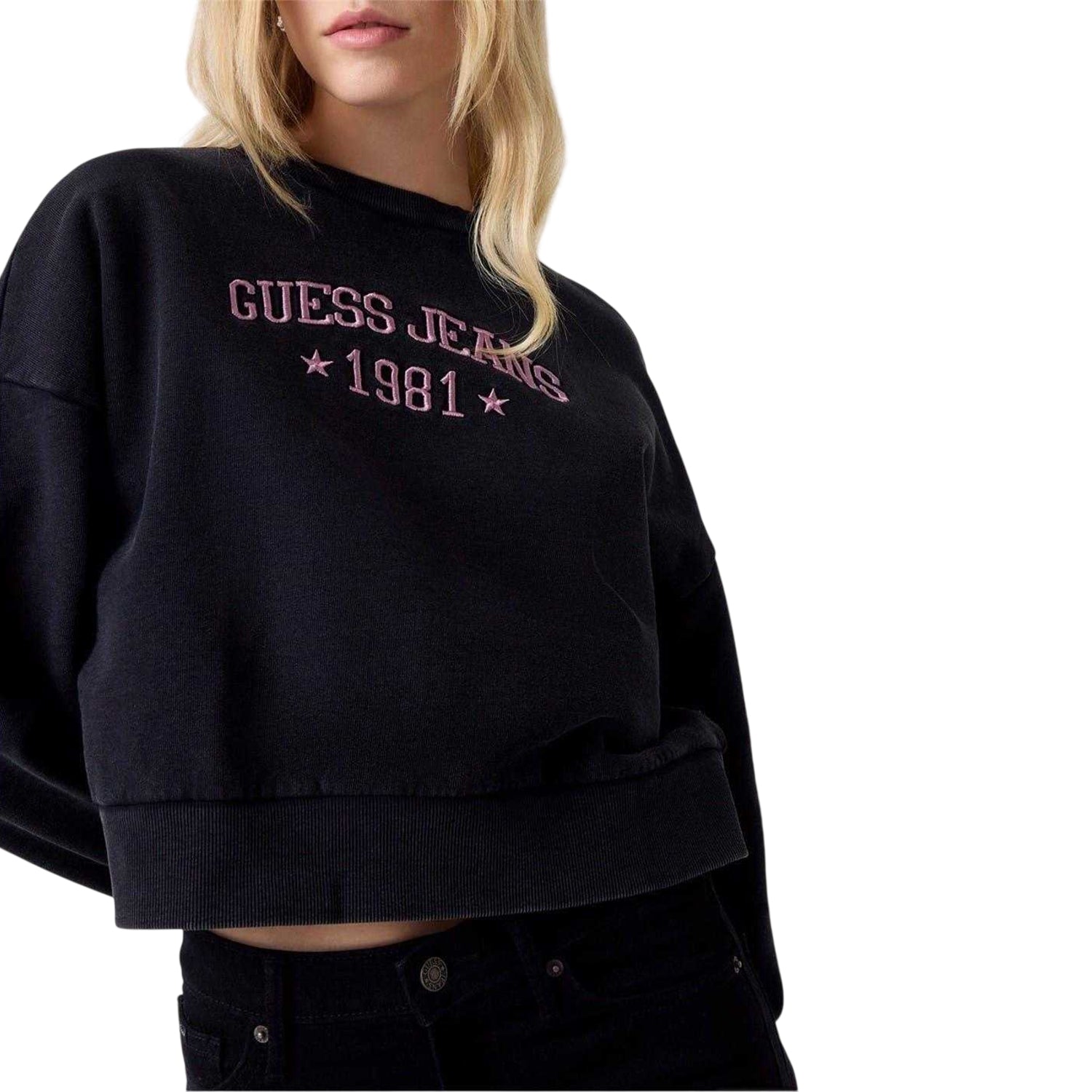 Jet Black - Side - Guess Womens-Ladies Embroidered Logo Crew Neck Sweatshirt