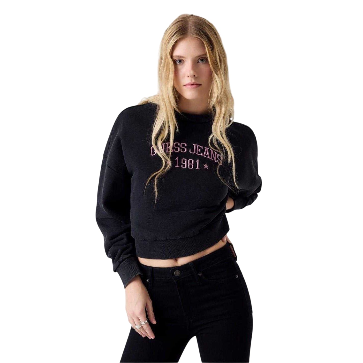 Jet Black - Front - Guess Womens-Ladies Embroidered Logo Crew Neck Sweatshirt
