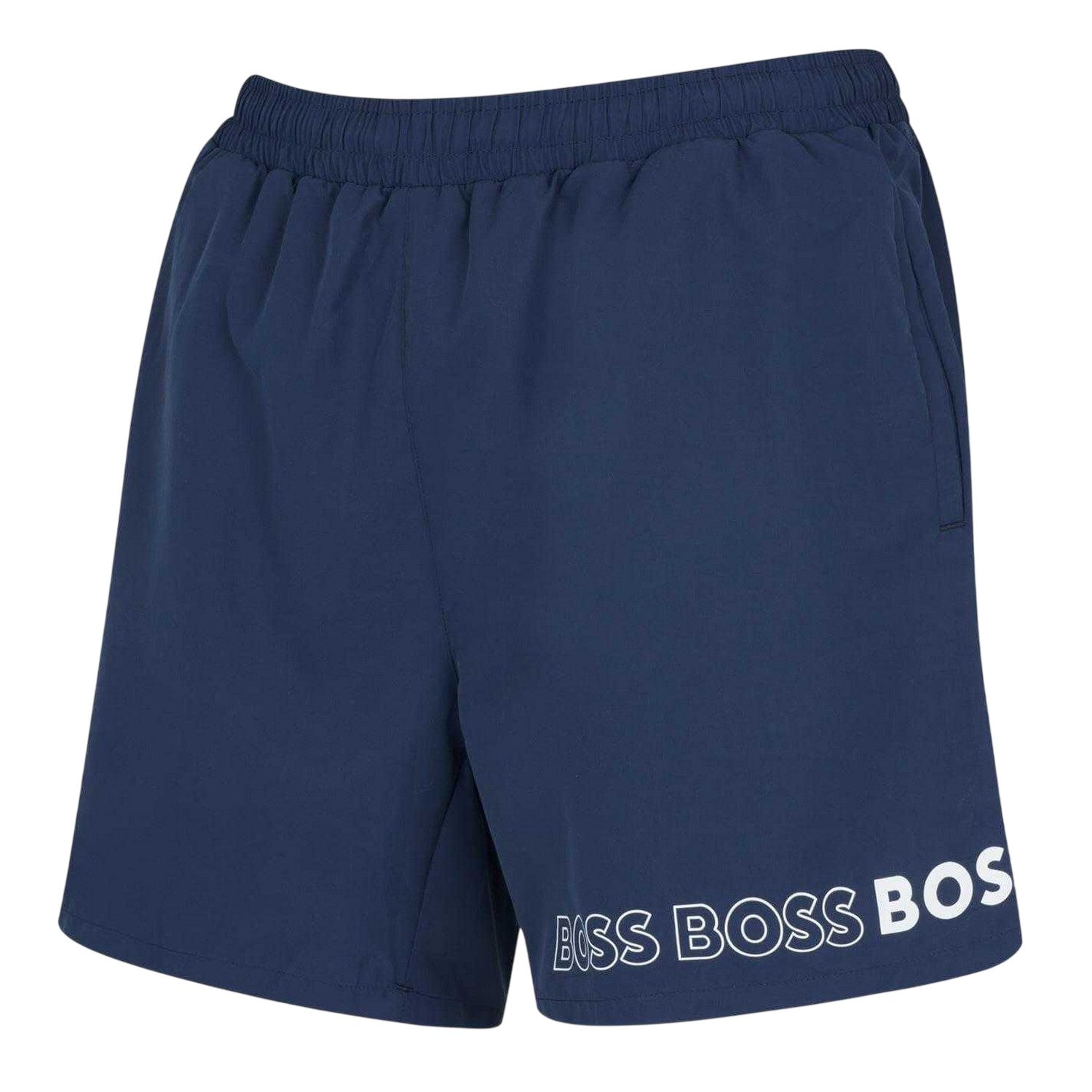 Blue Navy - Side - Boss Mens Logo Polyester Swim Shorts