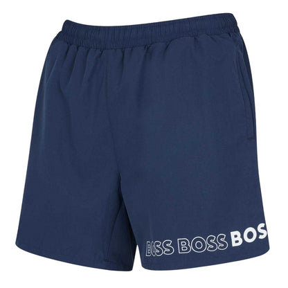 Blue Navy - Side - Boss Mens Logo Polyester Swim Shorts