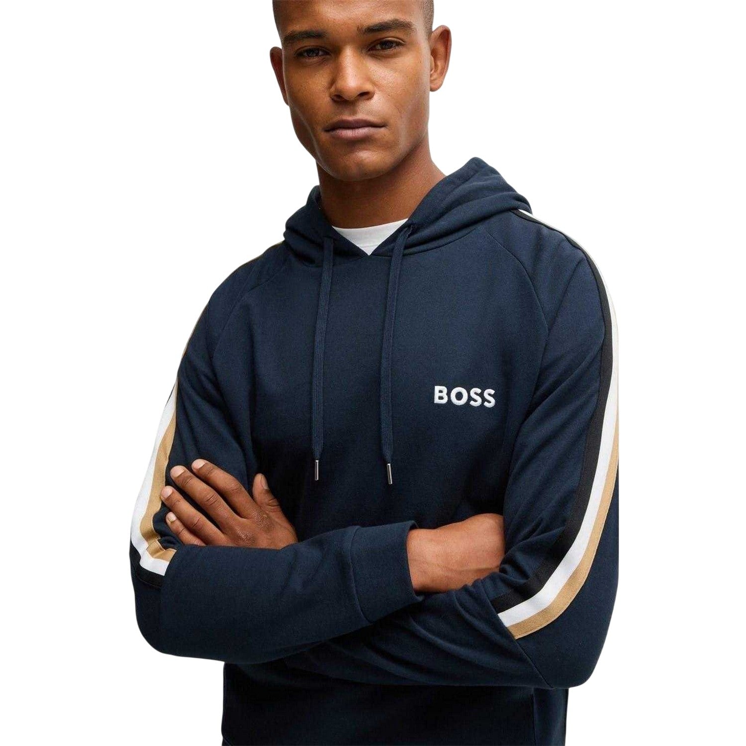 Navy - Side - Boss Mens Hooded Raglan Drawstring Hoodie