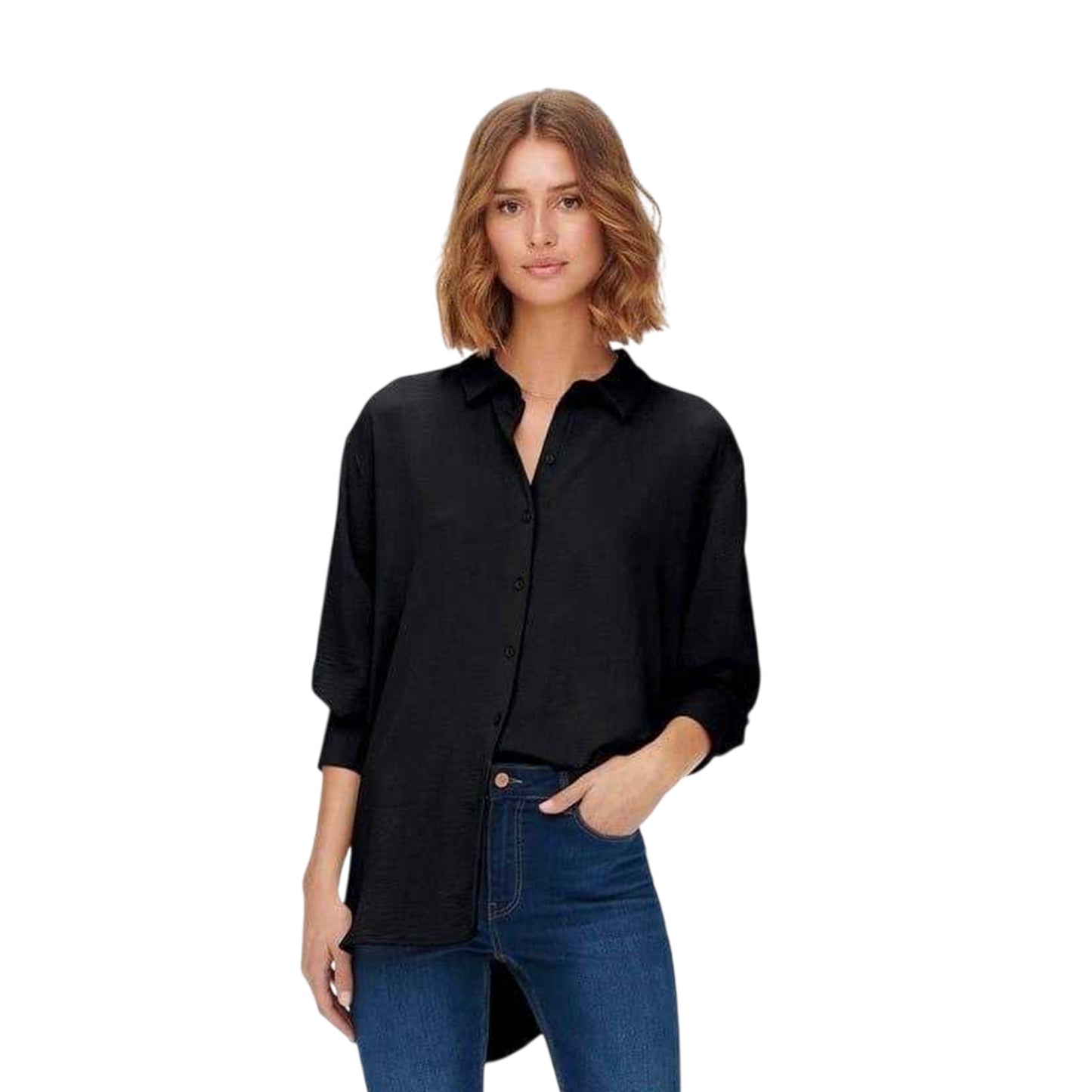 Black - Side - Only Womens-Ladies Collared 3-4 Sleeve Shirt