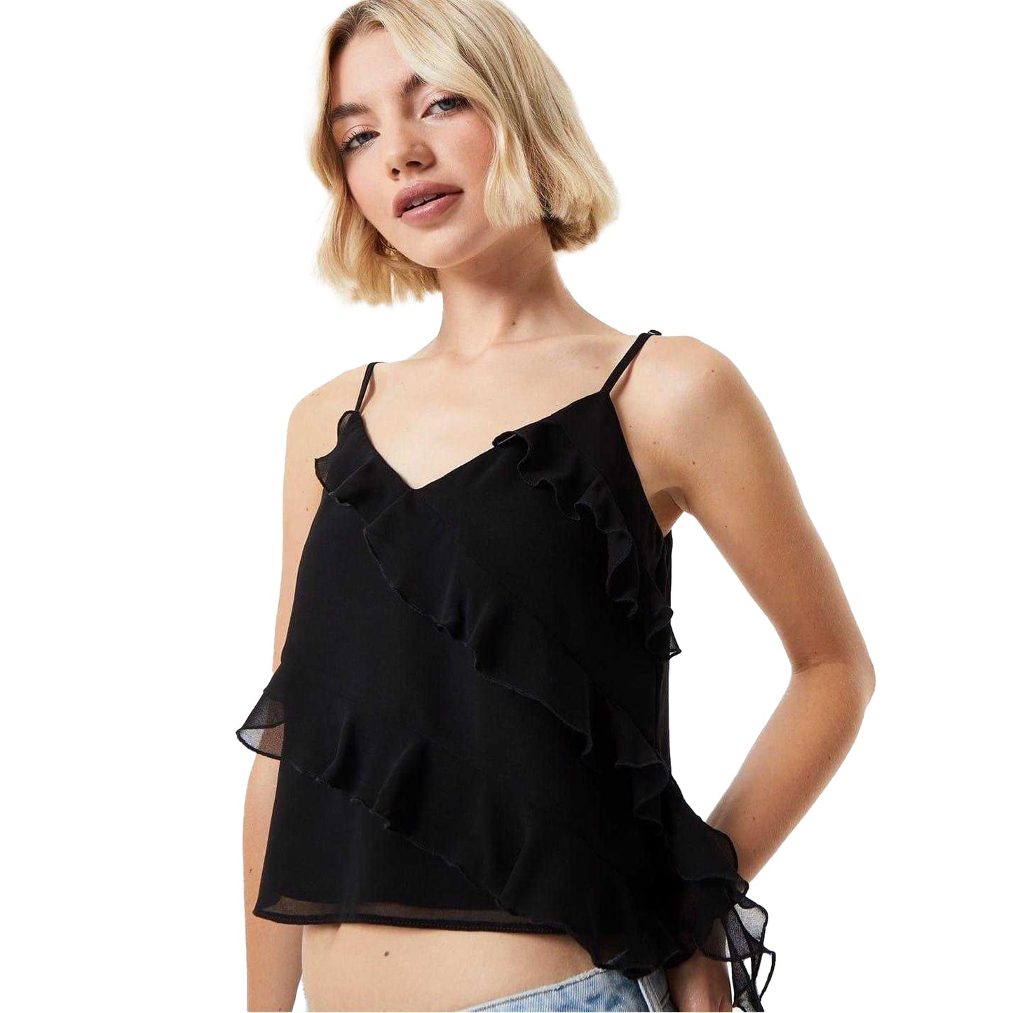 Black - Side - Jack Wills Womens-Ladies Frill Cropped Spaghetti Strap Camisole