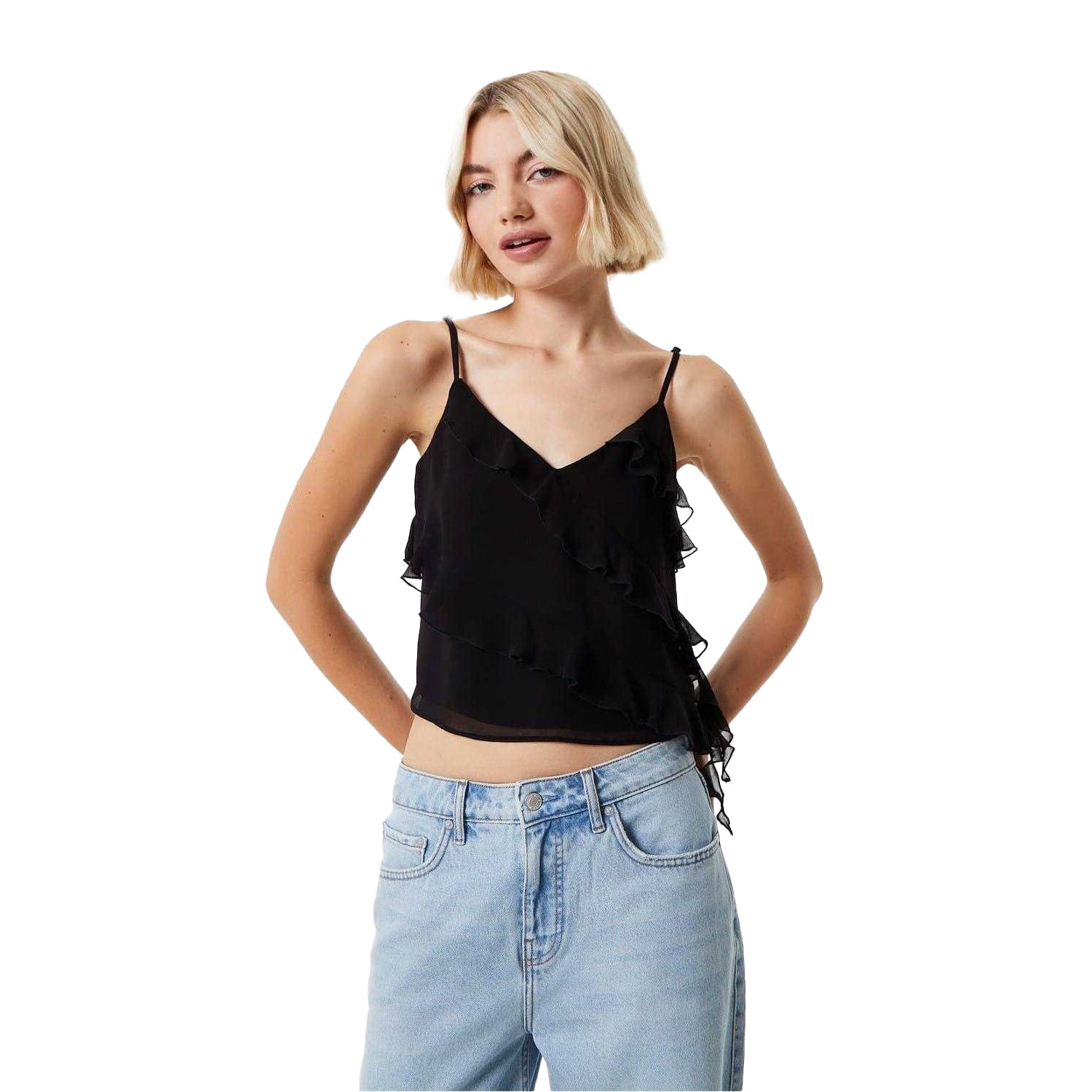 Black - Front - Jack Wills Womens-Ladies Frill Cropped Spaghetti Strap Camisole