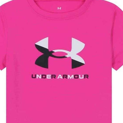 Pink - Side - Under Armour Girls Polyester Blend T-Shirt & Shorts Set