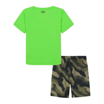 Hyper Green - Back - Under Armour Childrens-Kids Heather T-Shirt & Shorts Set