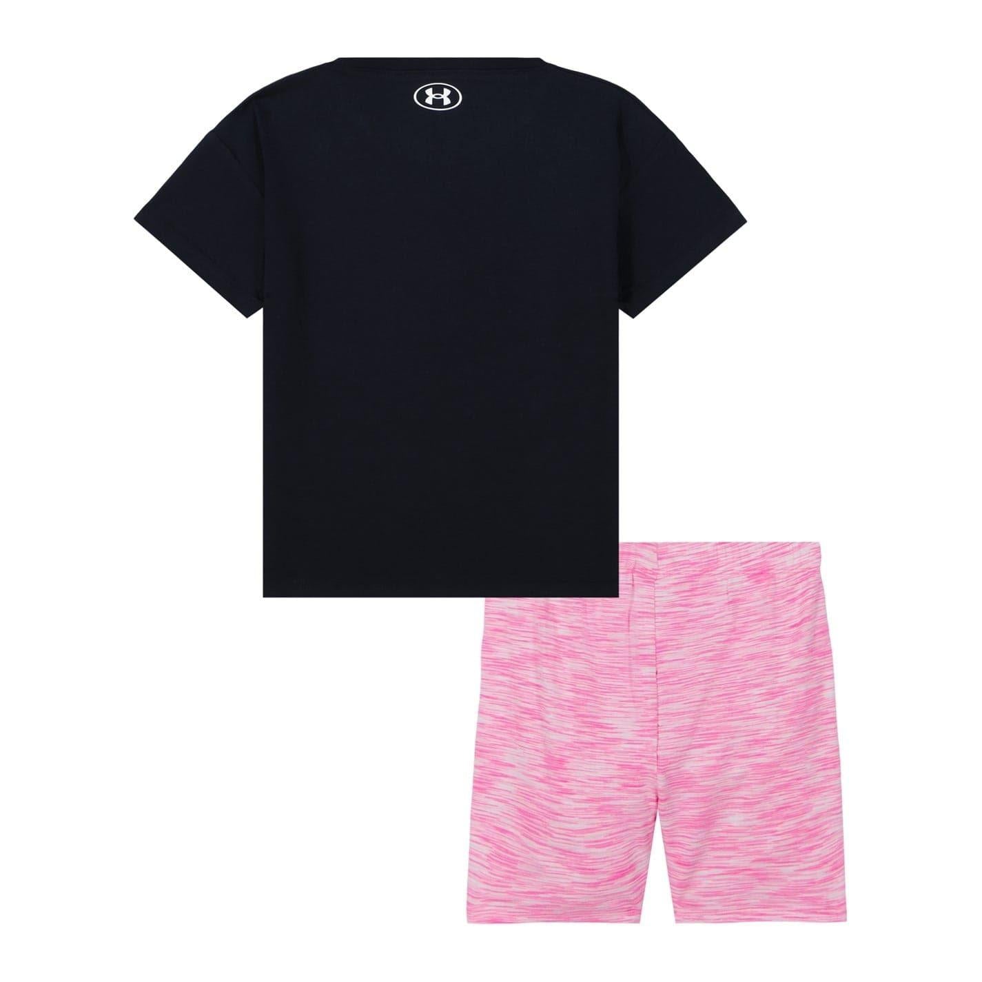Black-Pink - Back - Under Armour Girls Logo Short-Sleeved T-Shirt & Shorts Set