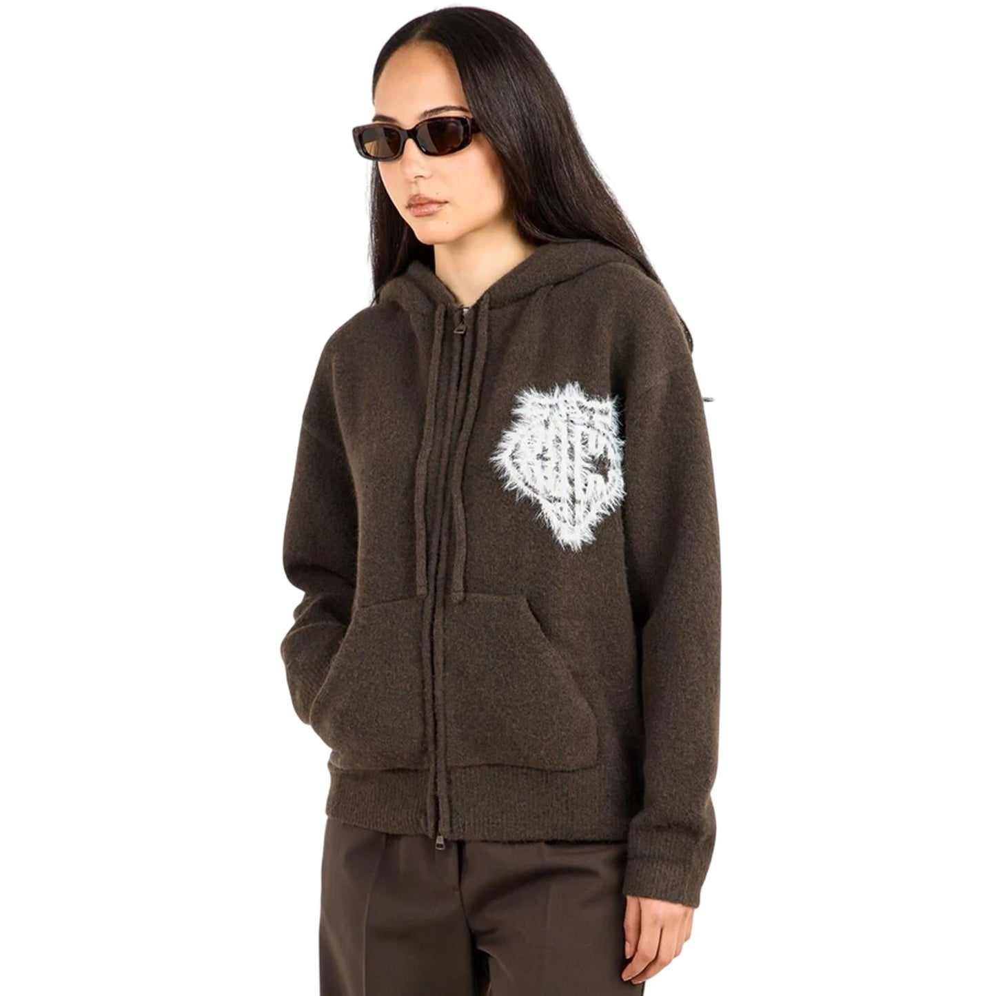 Brown - Side - Couture Club Womens-Ladies Fluffy Full Zip Hoodie