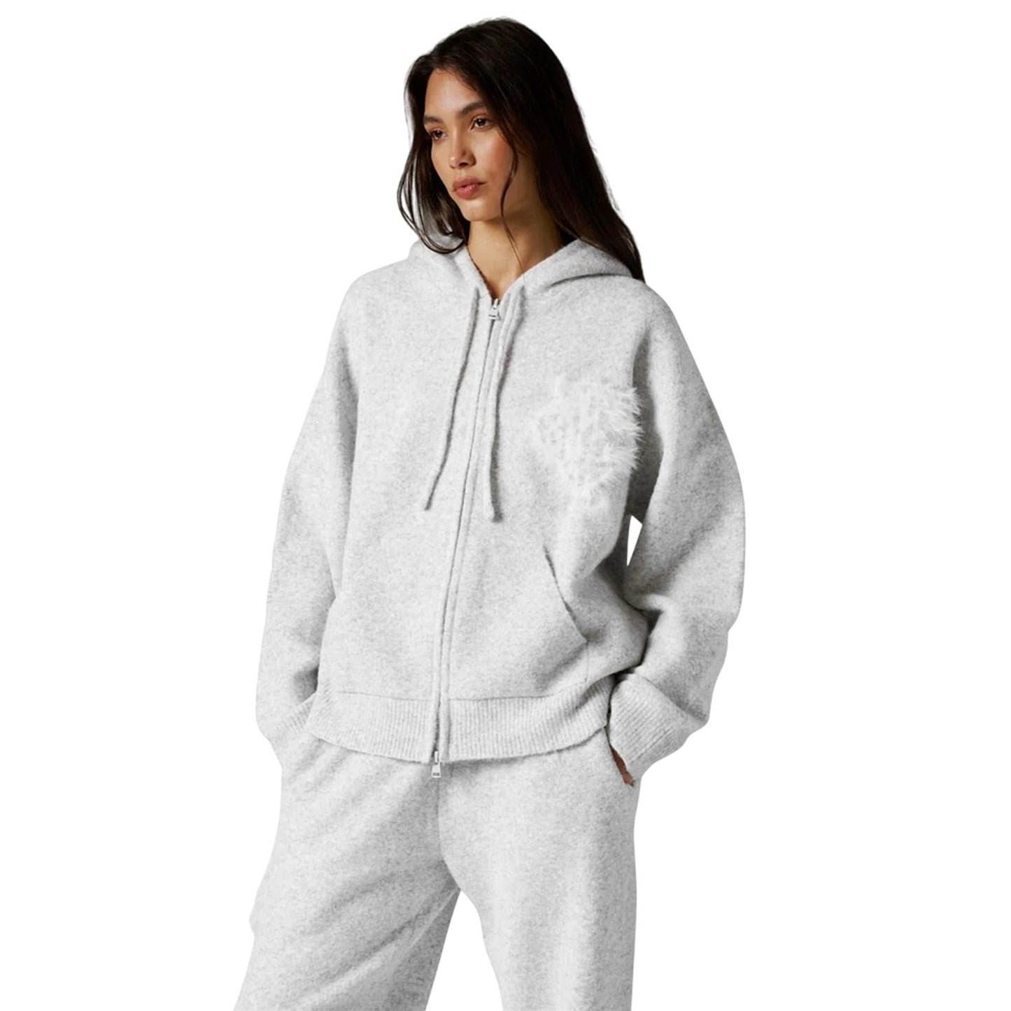 Grey - Side - Couture Club Womens-Ladies Fluffy Full Zip Hoodie