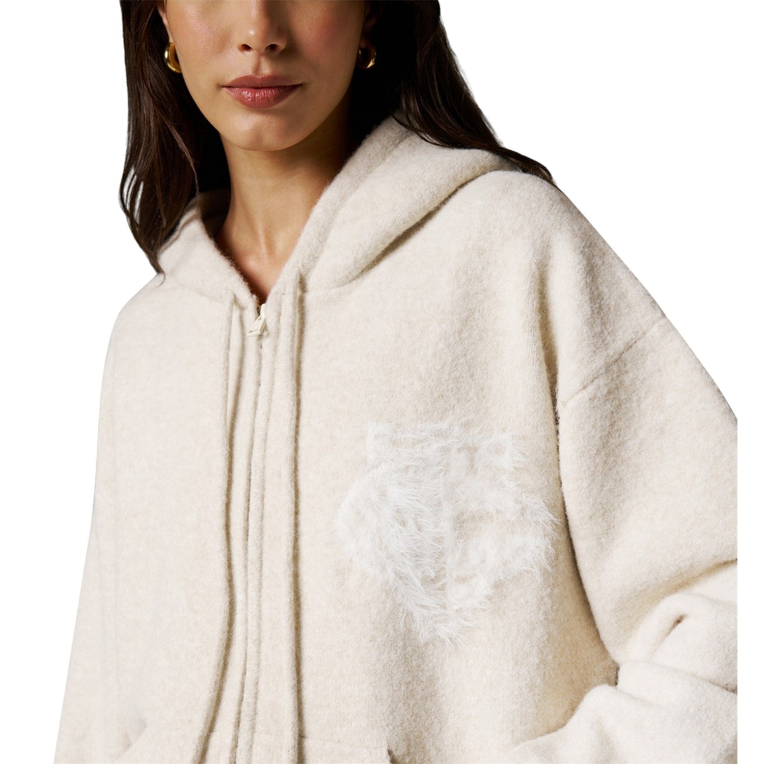 Beige - Side - Couture Club Womens-Ladies Fluffy Full Zip Hoodie