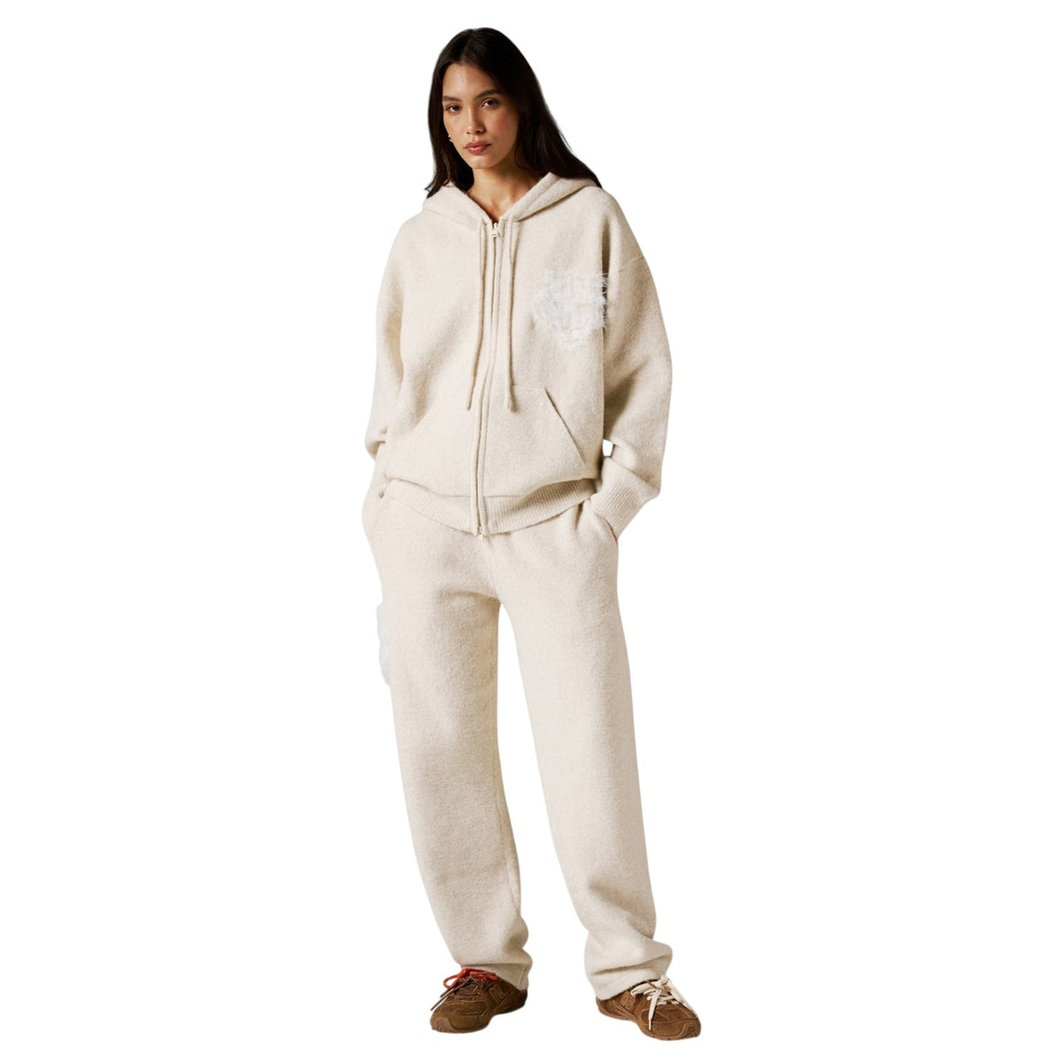 Beige - Lifestyle - Couture Club Womens-Ladies Fluffy Full Zip Hoodie