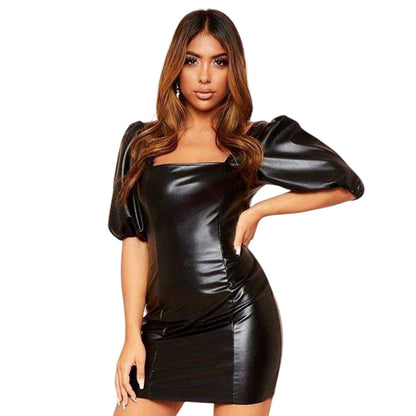 Black - Front - Missy Empire Womens-Ladies Faux Leather Puff Sleeve Mini Dress