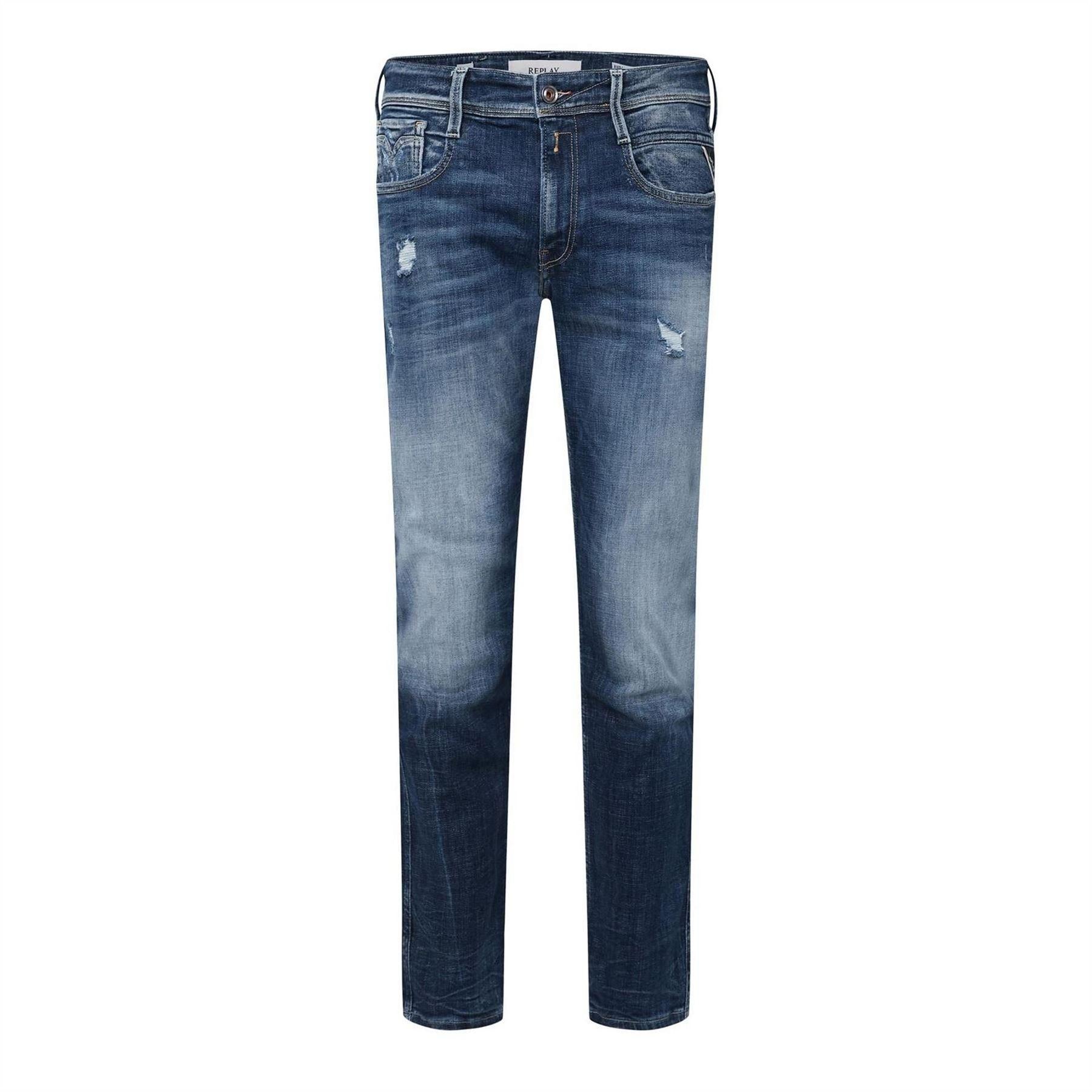 Blue - Front - Replay Mens Anbass Cotton Denim Distressed Jeans