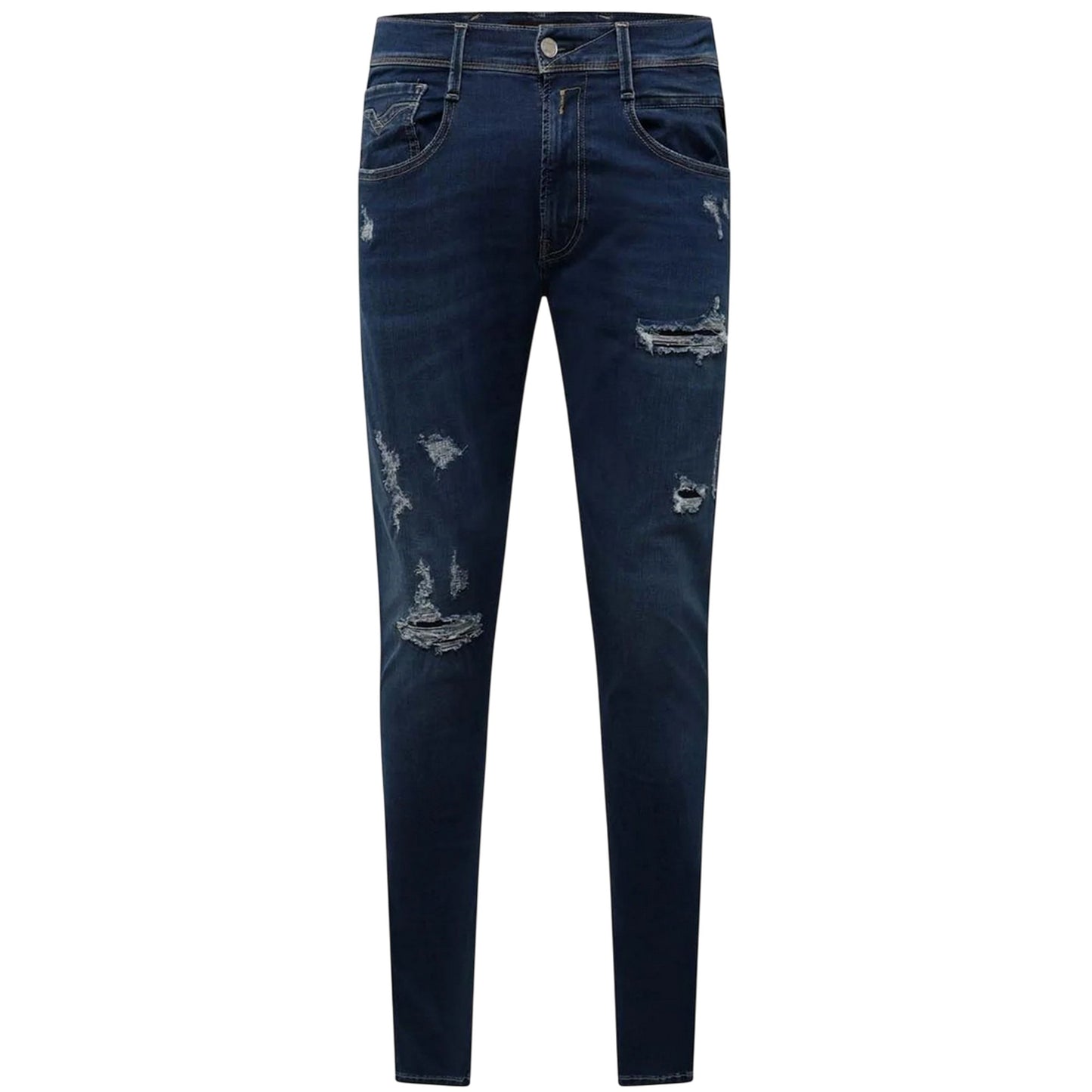 Blue - Front - Replay Mens Cotton Blend Ripped Slim Jeans
