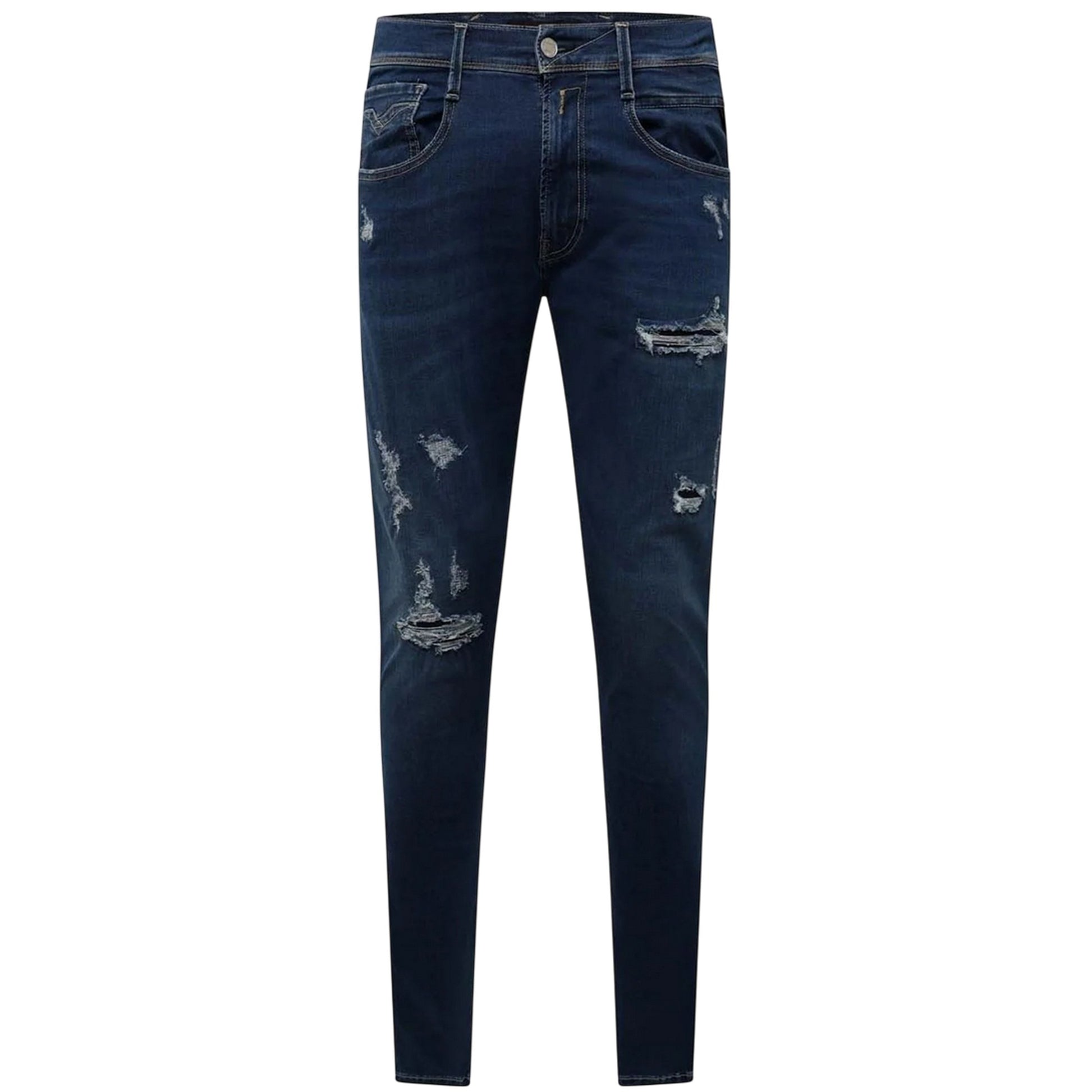 Blue - Front - Replay Mens Cotton Blend Ripped Slim Jeans