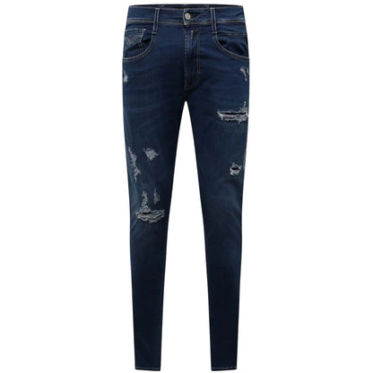 Blue - Front - Replay Mens Cotton Blend Ripped Slim Jeans