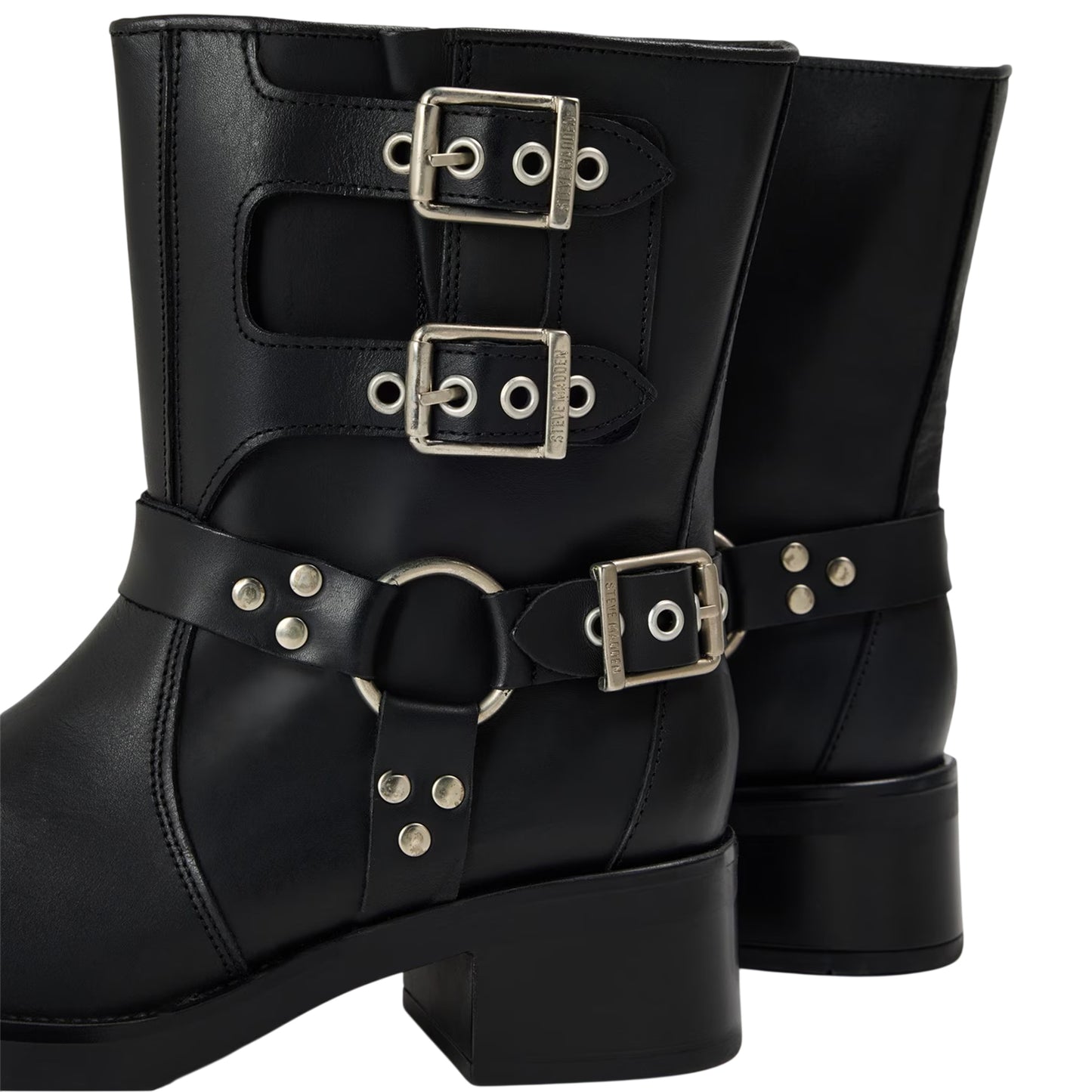 Black - Side - Steve Madden Womens-Ladies Becase Leather Block Heel Motorcycle Boots