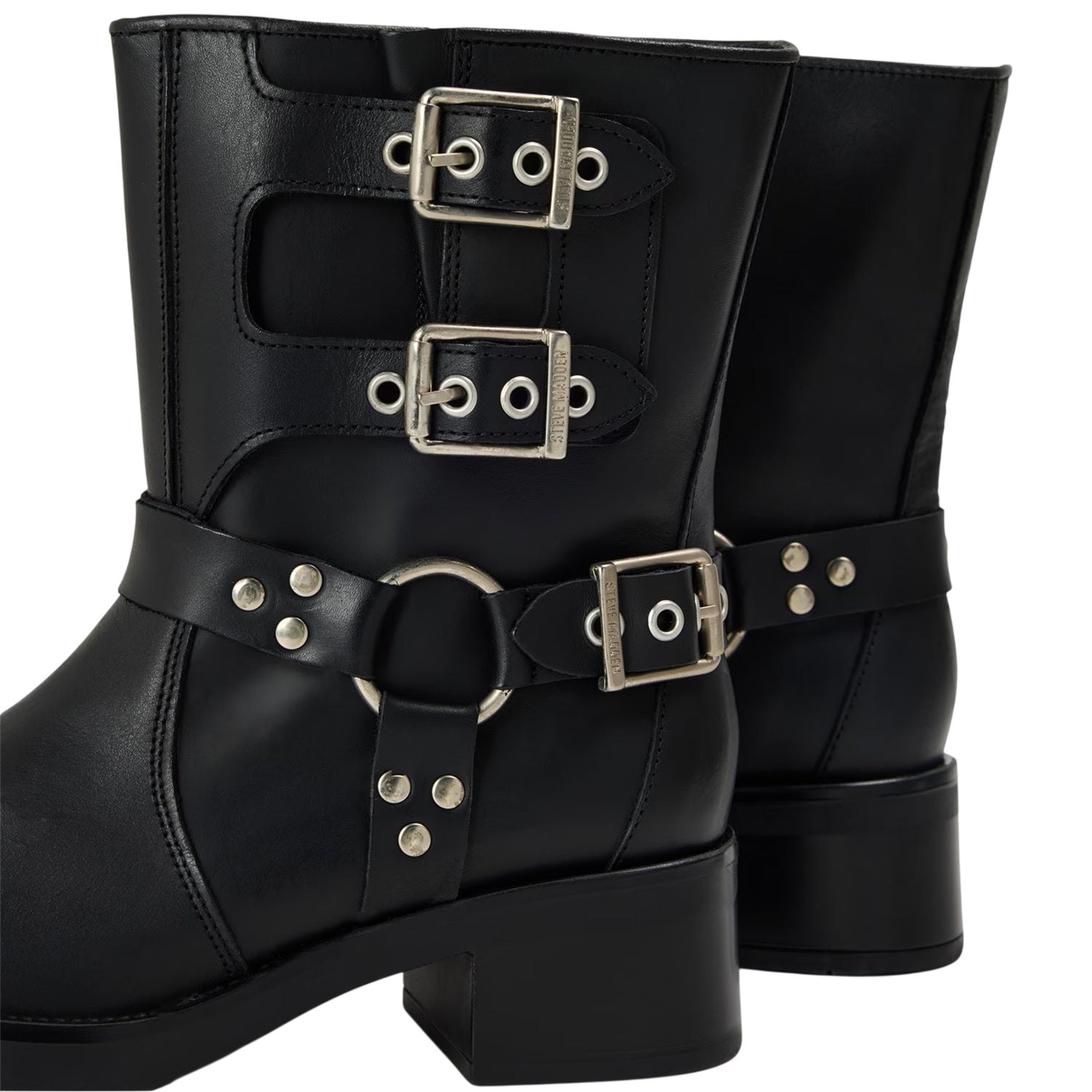 Black - Side - Steve Madden Womens-Ladies Becase Leather Block Heel Motorcycle Boots