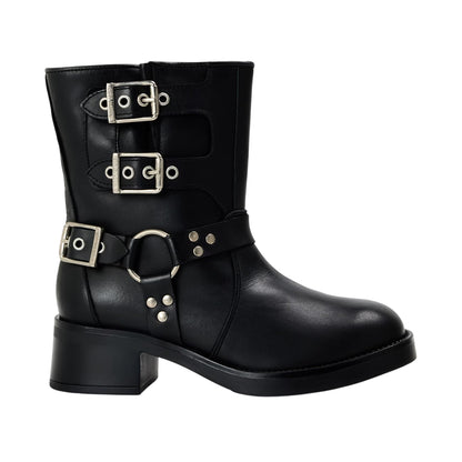 Black - Front - Steve Madden Womens-Ladies Becase Leather Block Heel Motorcycle Boots