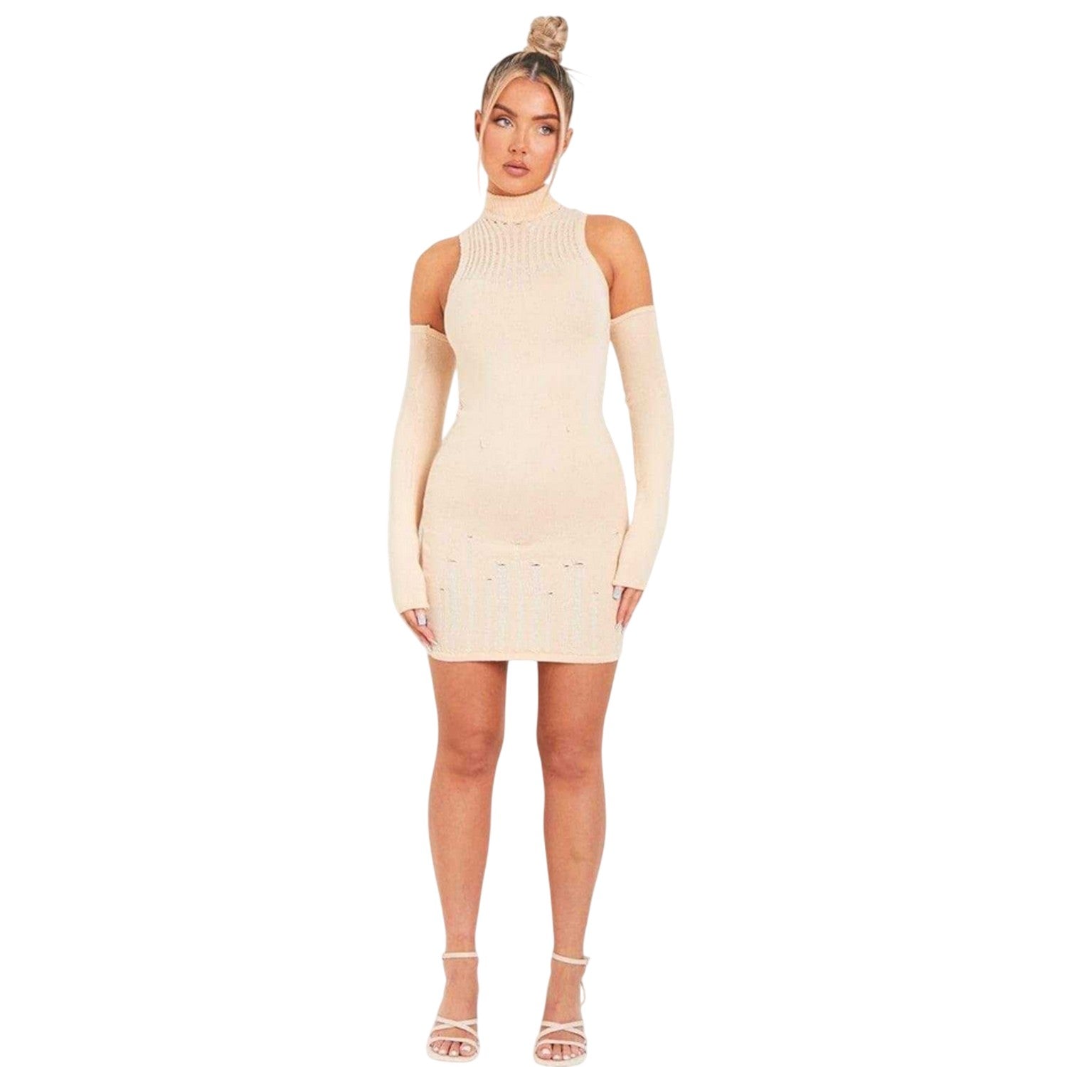 Stone - Side - Missy Empire Womens-Ladies Distressed Knitted Mini Dress