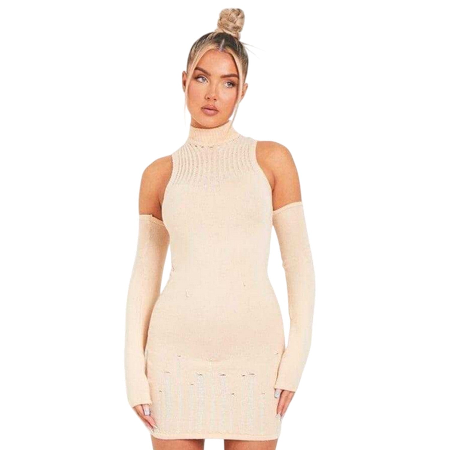 Stone - Front - Missy Empire Womens-Ladies Distressed Knitted Mini Dress