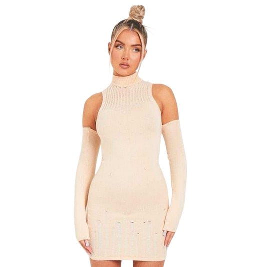 Stone - Front - Missy Empire Womens-Ladies Distressed Knitted Mini Dress