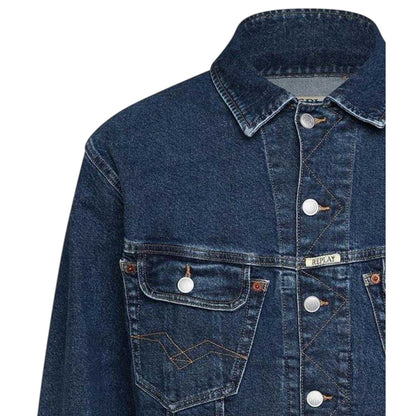 Blue - Side - Replay Mens Embroidered Logo Comfort Denim Jacket
