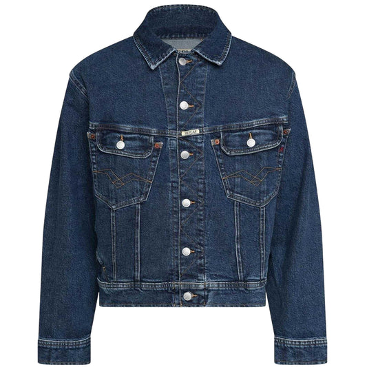 Blue - Front - Replay Mens Embroidered Logo Comfort Denim Jacket