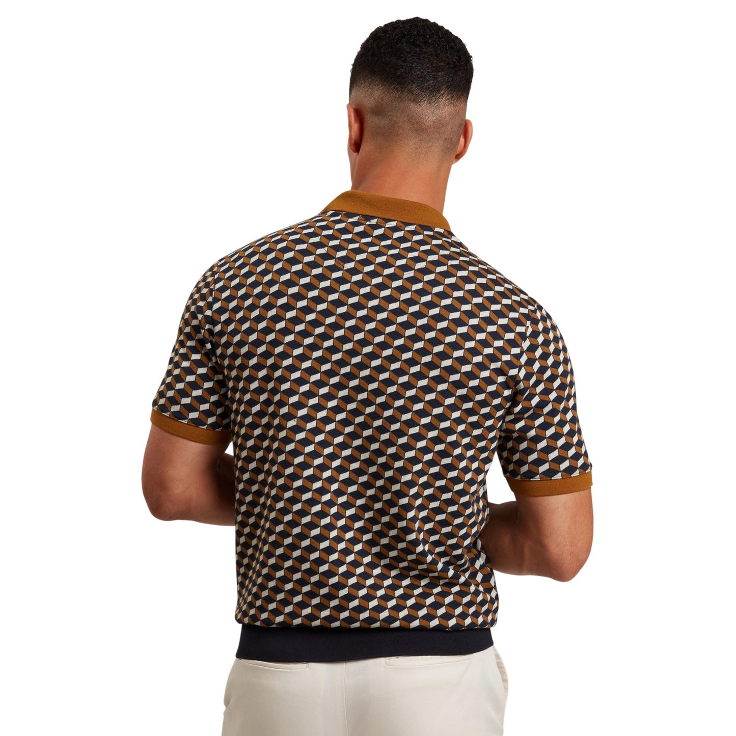 Brown-Tan - Back - Ted Baker Mens Geometric Jacquard Collared Polo Shirt
