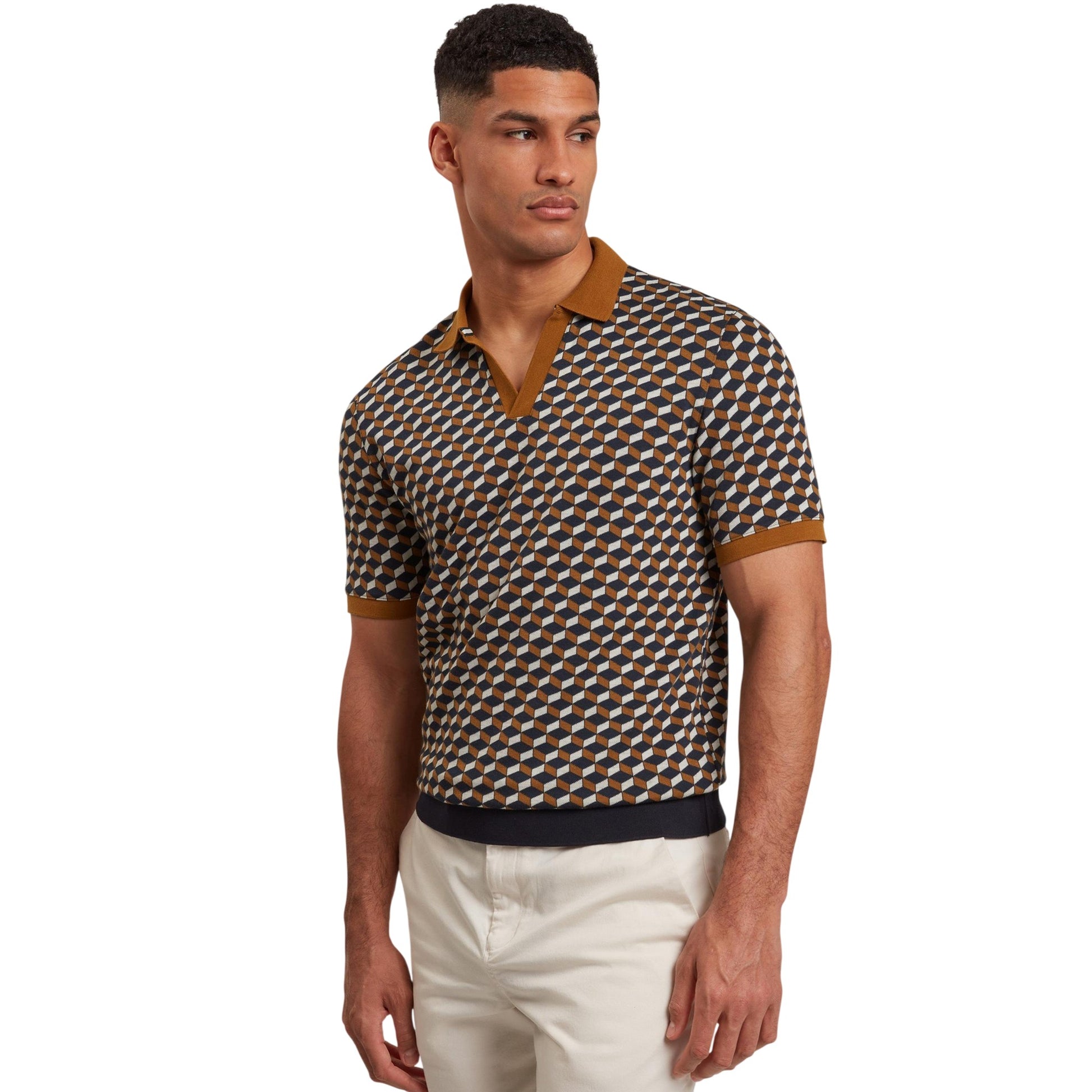 Brown-Tan - Side - Ted Baker Mens Geometric Jacquard Collared Polo Shirt