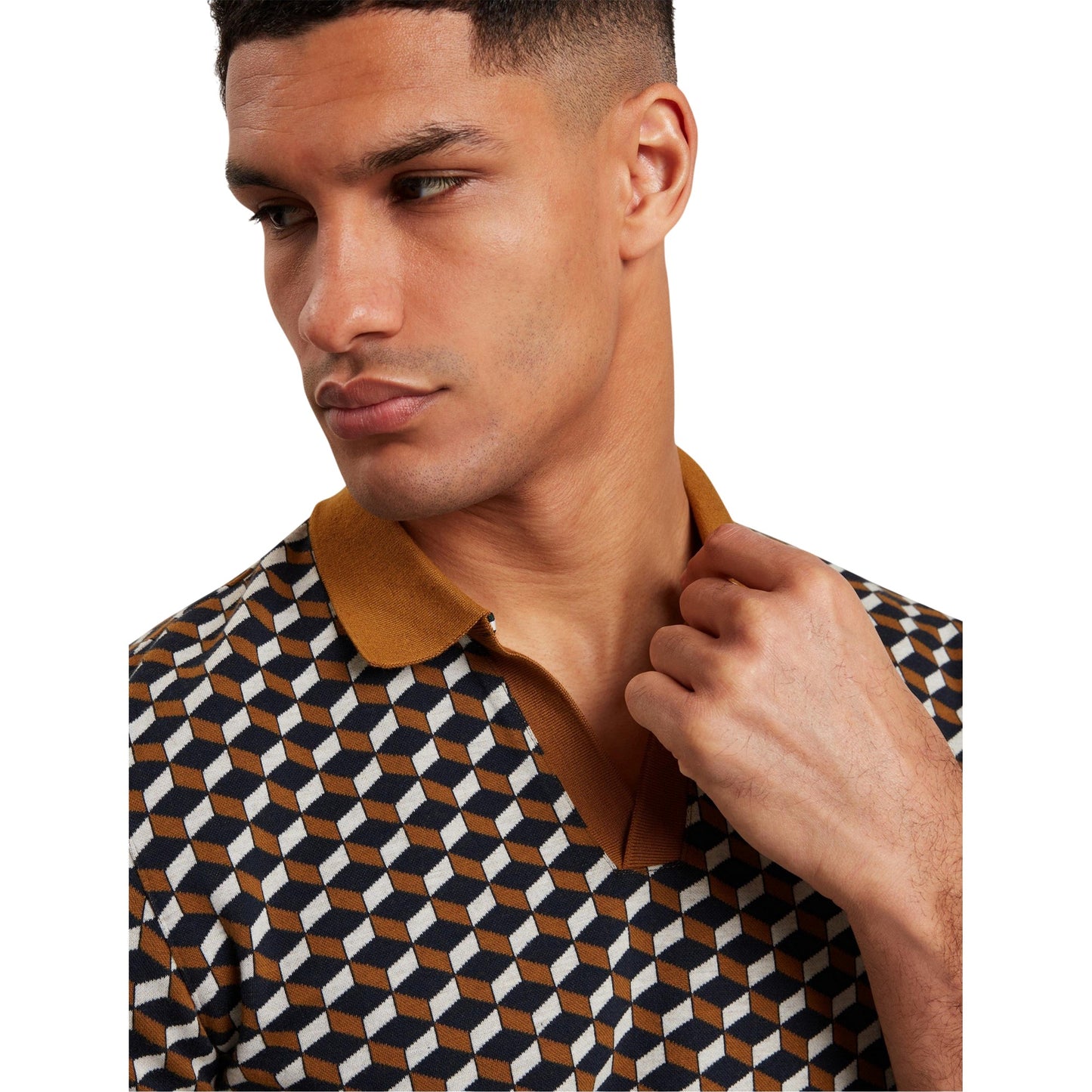 Brown-Tan - Lifestyle - Ted Baker Mens Geometric Jacquard Collared Polo Shirt