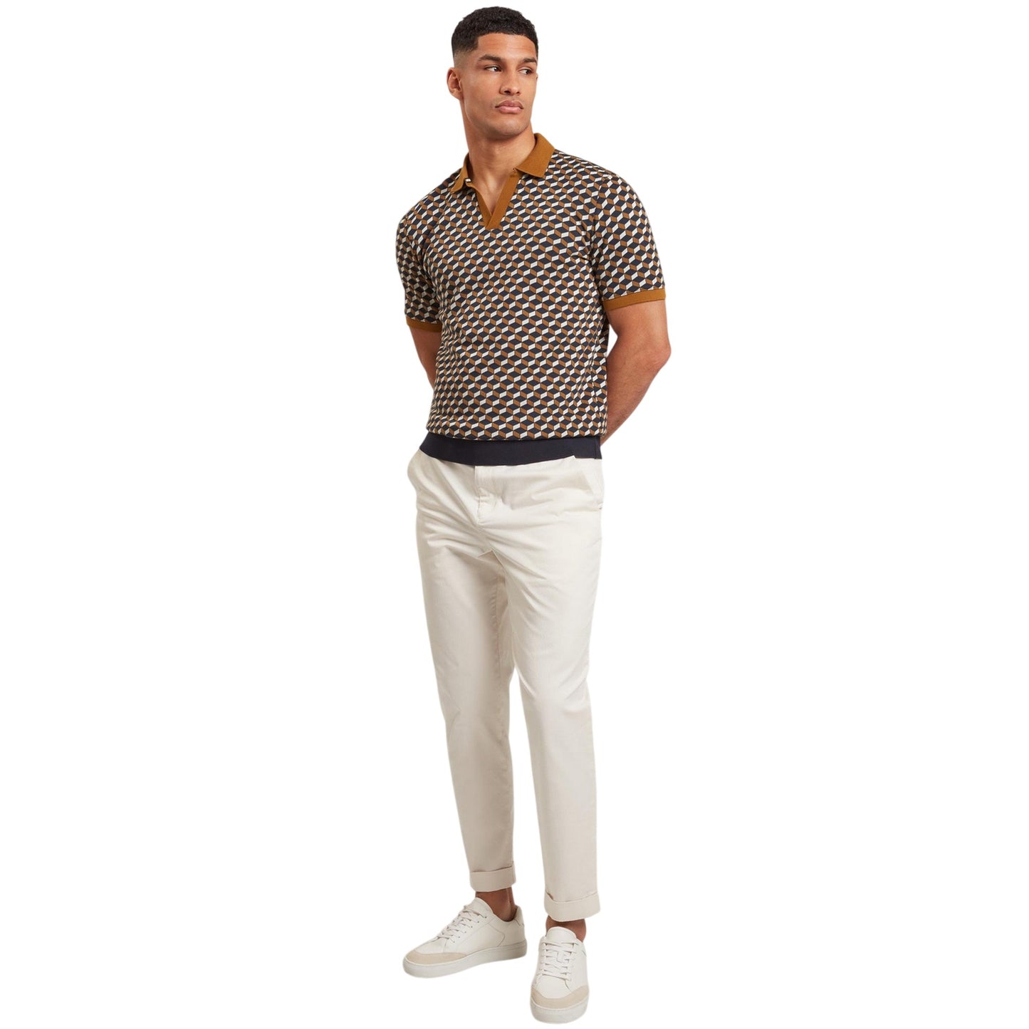 Brown-Tan - Pack Shot - Ted Baker Mens Geometric Jacquard Collared Polo Shirt