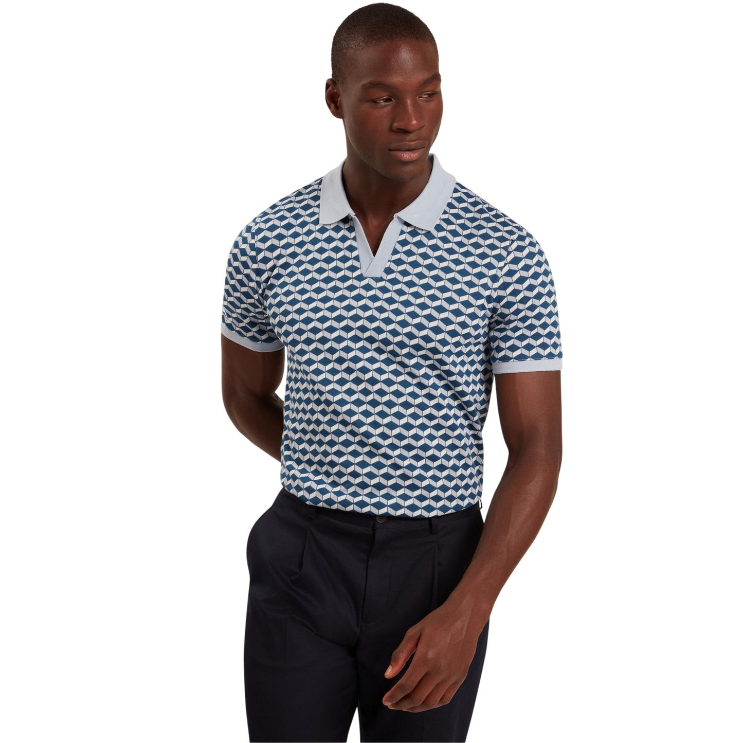 Dark Blue - Side - Ted Baker Mens Geometric Jacquard Collared Polo Shirt