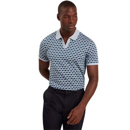 Dark Blue - Side - Ted Baker Mens Geometric Jacquard Collared Polo Shirt