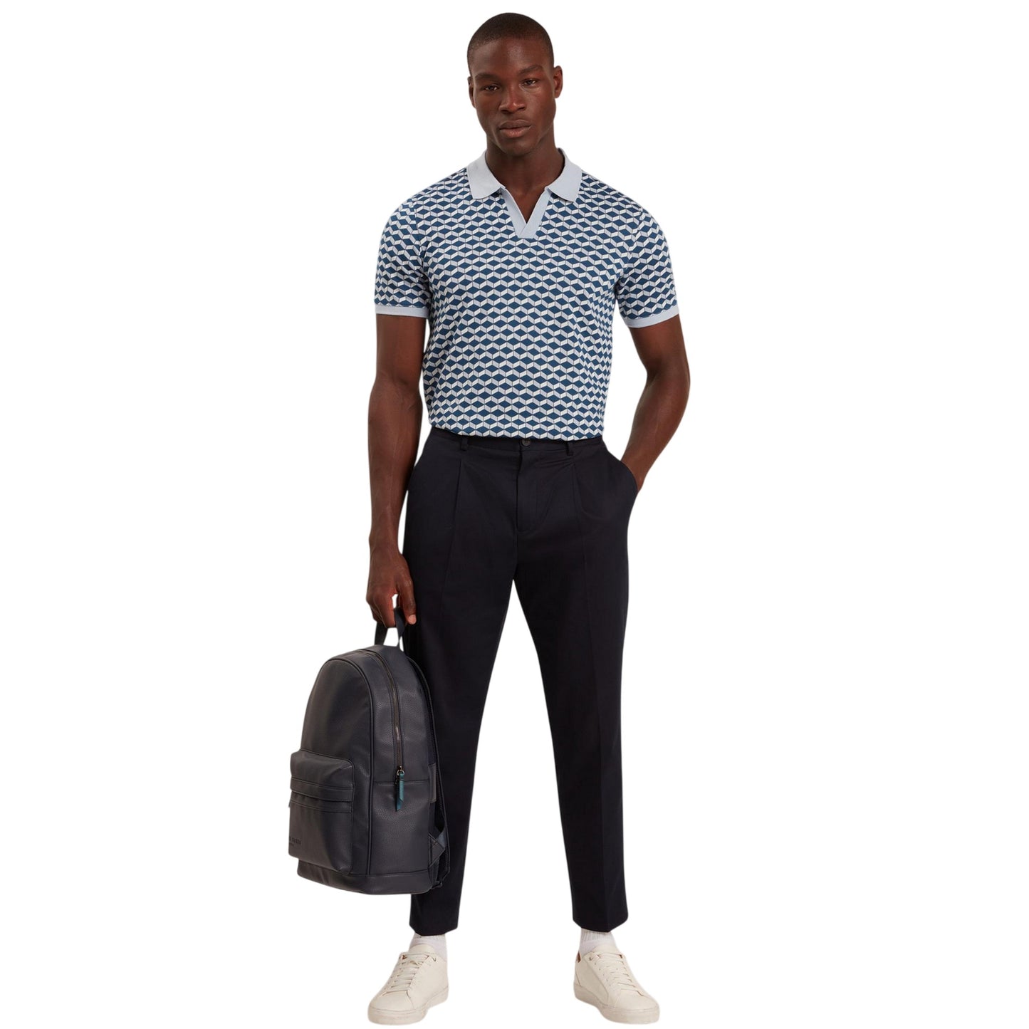 Dark Blue - Pack Shot - Ted Baker Mens Geometric Jacquard Collared Polo Shirt