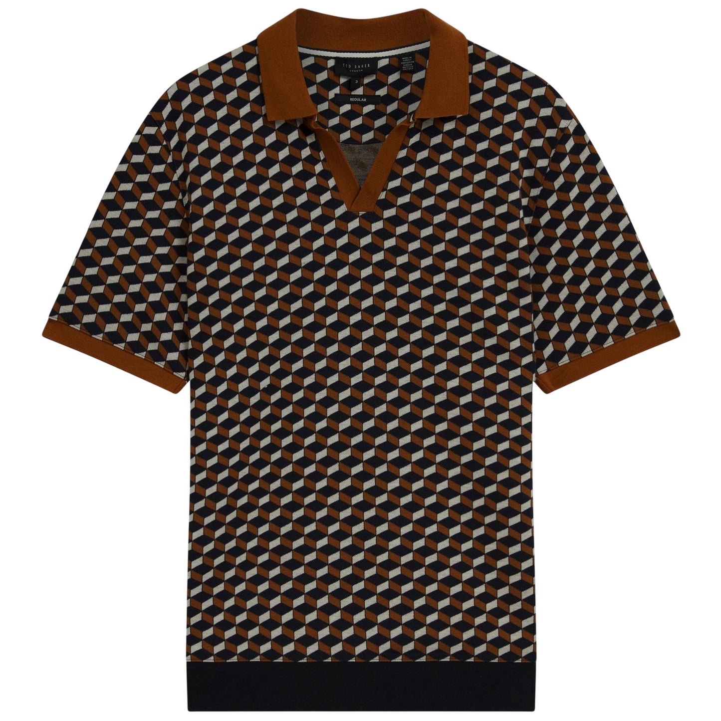 Brown-Tan - Front - Ted Baker Mens Geometric Jacquard Collared Polo Shirt
