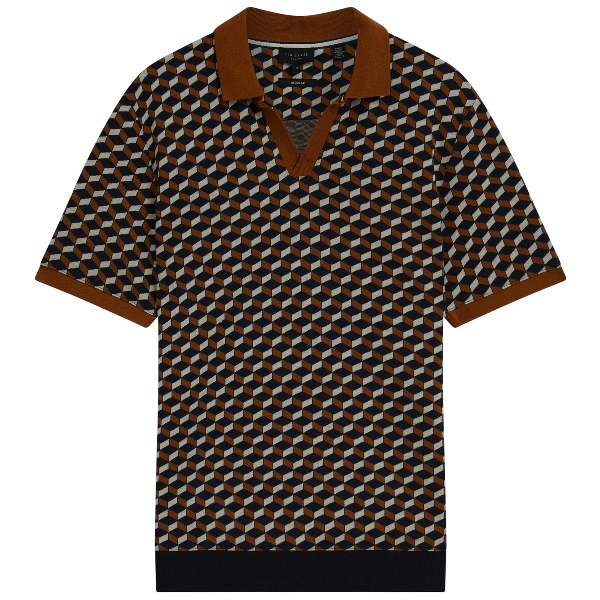 Brown-Tan - Front - Ted Baker Mens Geometric Jacquard Collared Polo Shirt